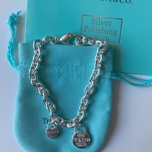 Tiffany & Co. Silver Link Bracelet with Heart and Round Tags on Blue Pouch